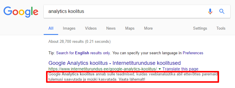 meta kirjeldus google tulemustes