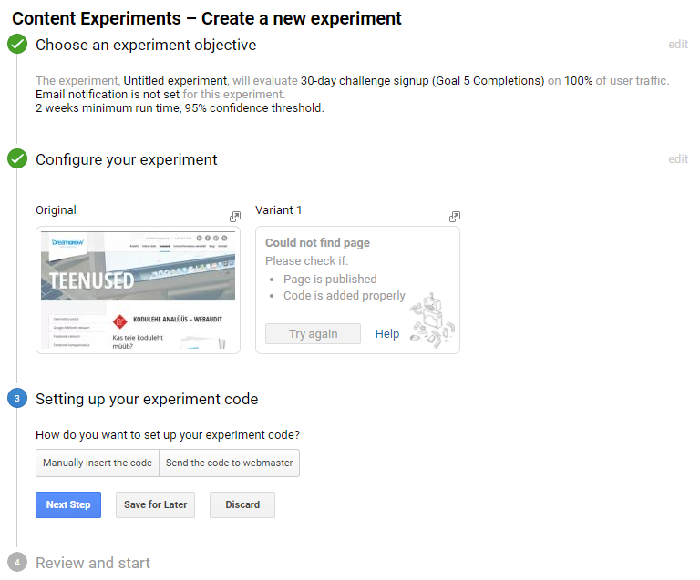 google analytics experiments ab test seaded kood