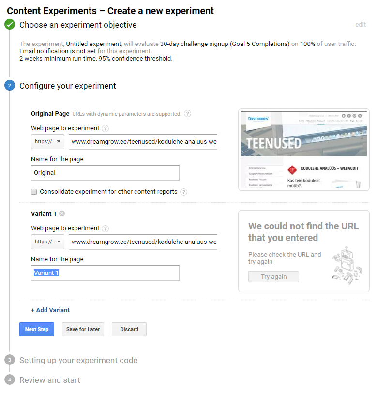 google analytics experiments ab test seaded url