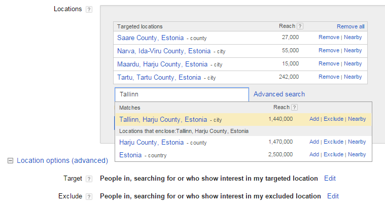 google adwords sihtimine eestis