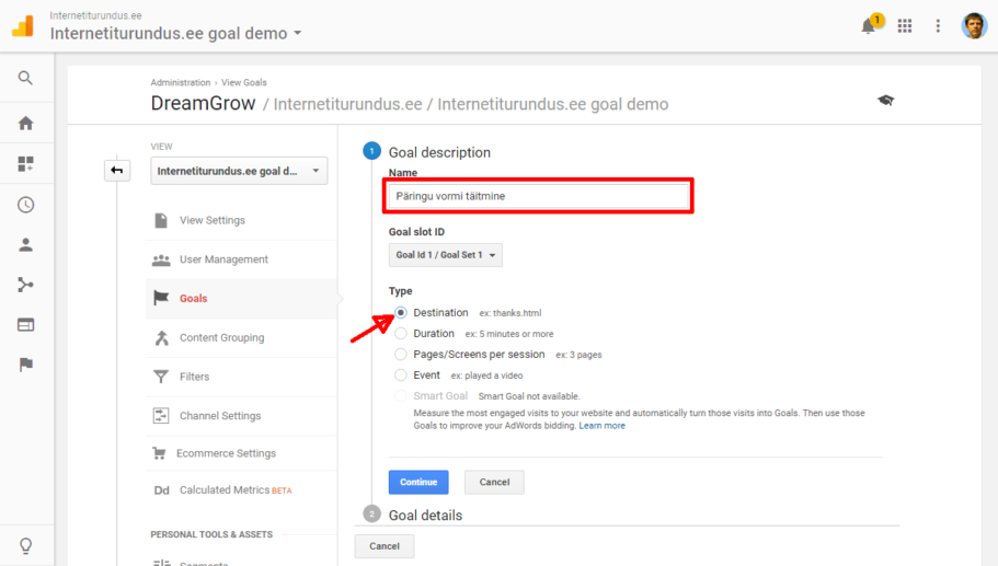 google analytics goal esimene samm