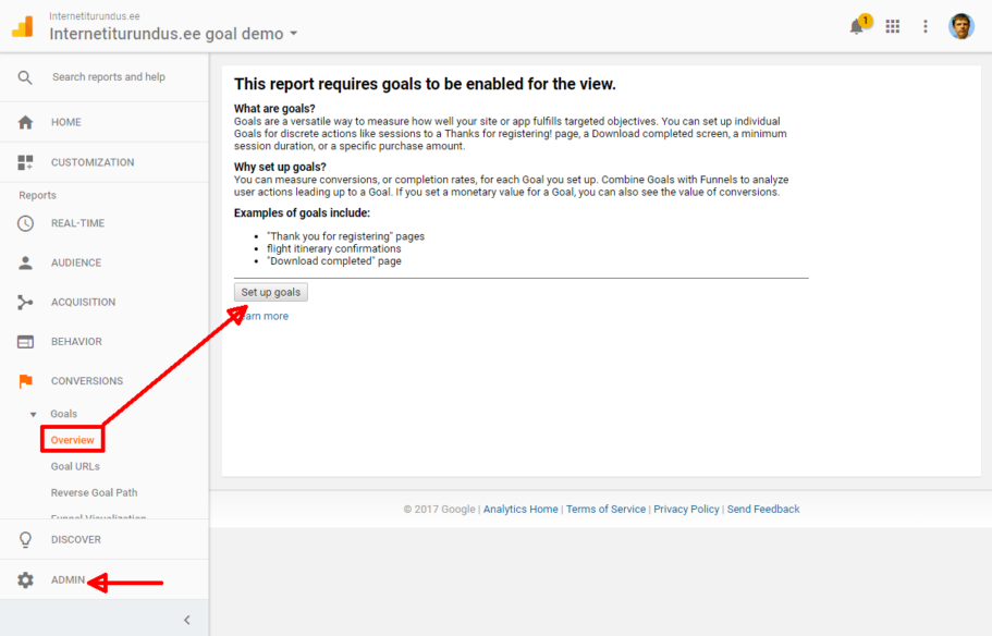 google analytics goalide seadistamine