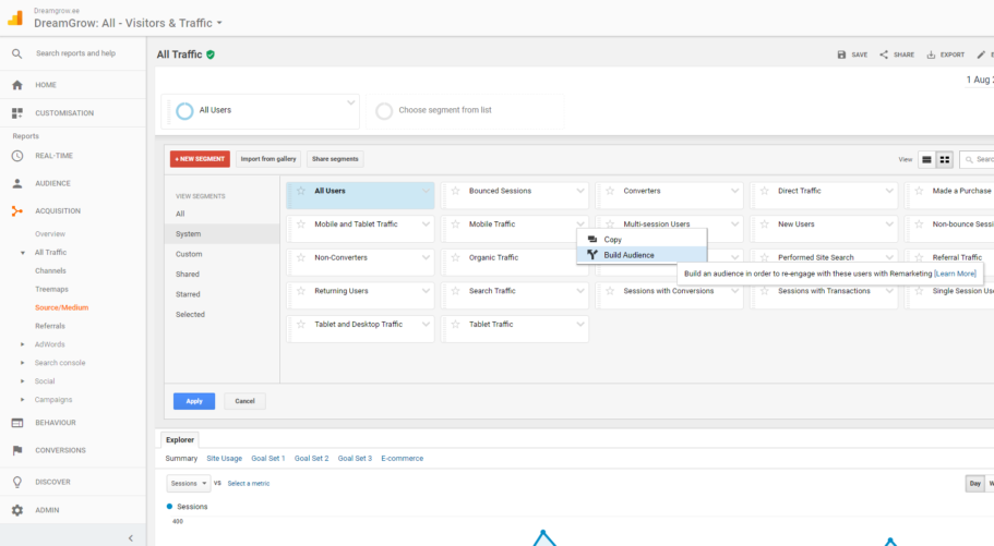 google analytics remarketing segment paneel