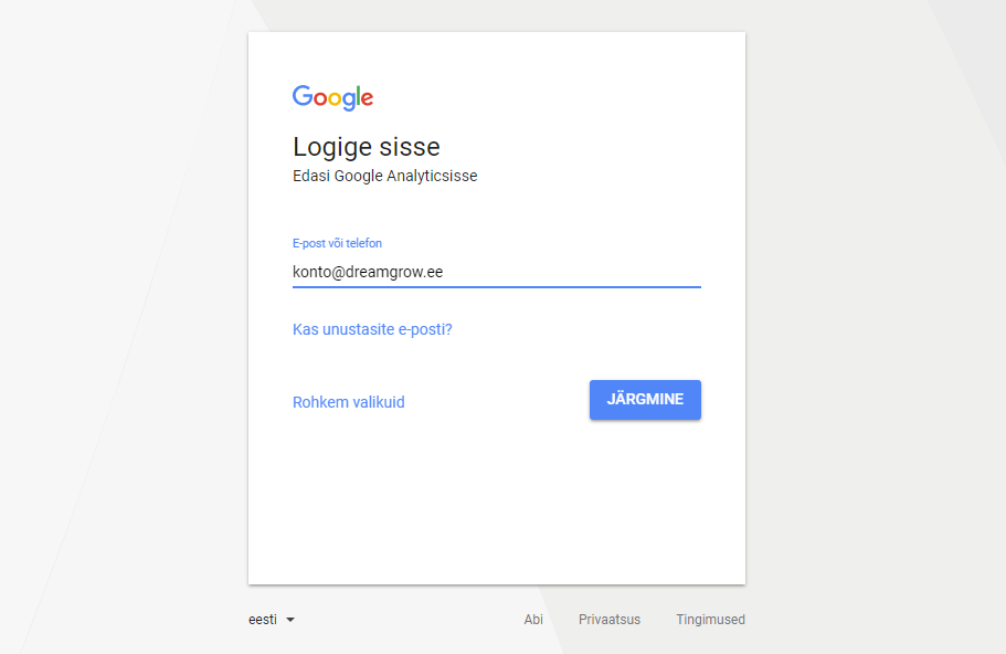 google analytics konto seadistamine logi sisse