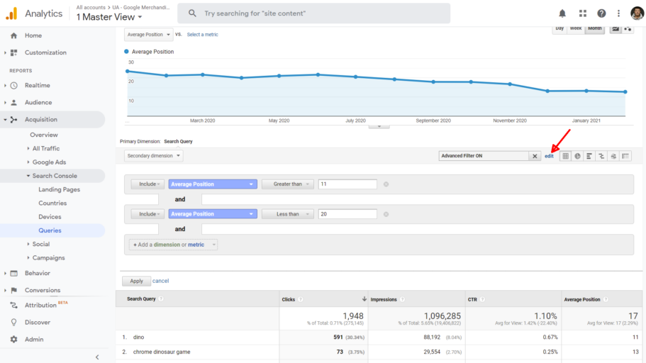 kodulehe optimeerimine google search console filter