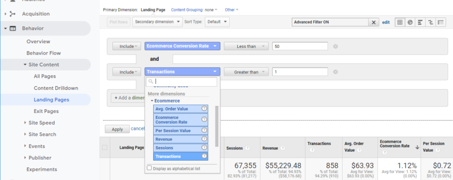 ga ecommerce filter conversion rate seaded