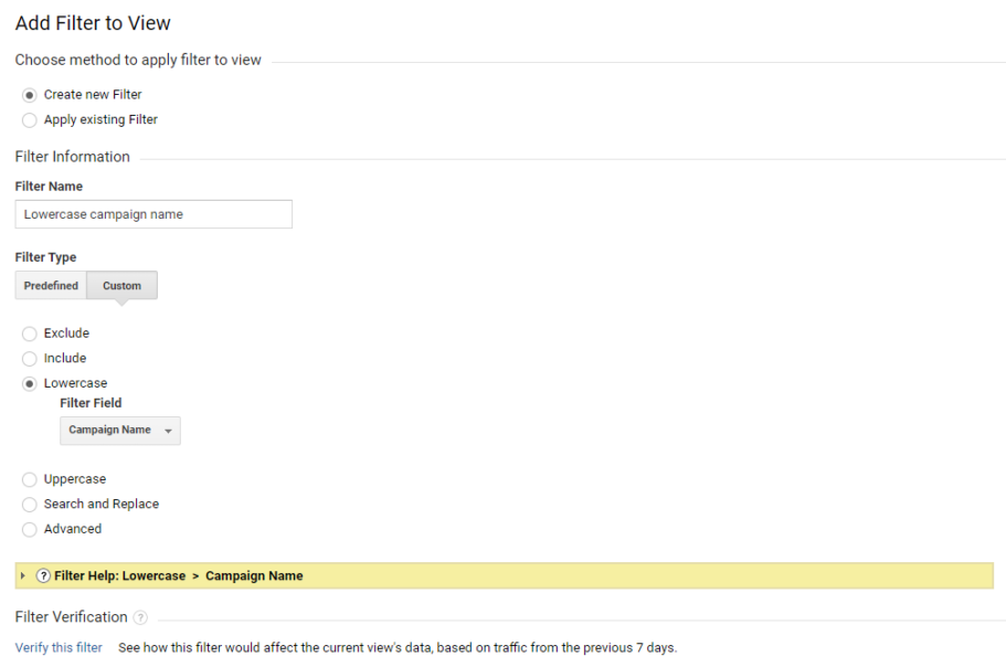 campaign name filtri loomine google analytics
